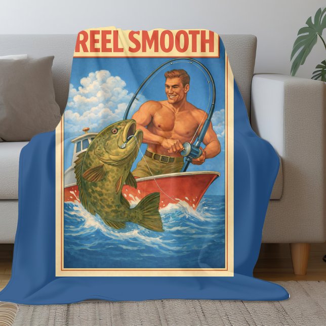 Reel Smooth Fisherman Retro Nautical Blue Fishing Fleece Blanket (Creator Uploaded)
