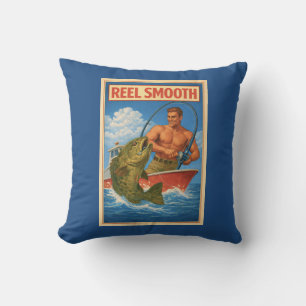 Reel Smooth Fisherman Retro Nautical Blue Fishing Throw Pillow