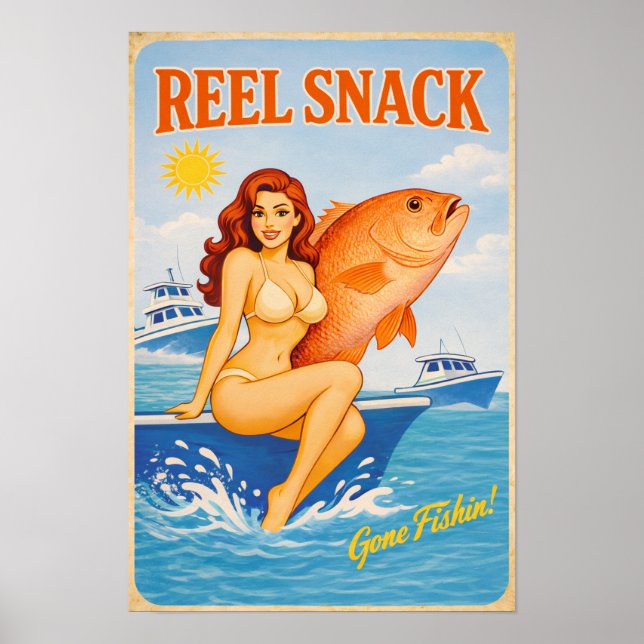 Reel Snack Retro Pin-Up | Red Snapper Fishing Boat Poster (Front)