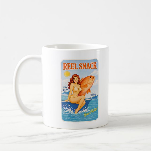 Reel Snack Retro Pin-Up Red Snapper Fishing Boater Coffee Mug (Left)