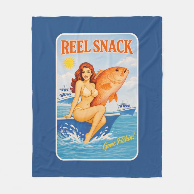 Reel Snack Retro Pin-Up Red Snapper Fishing Boater Fleece Blanket (Front)