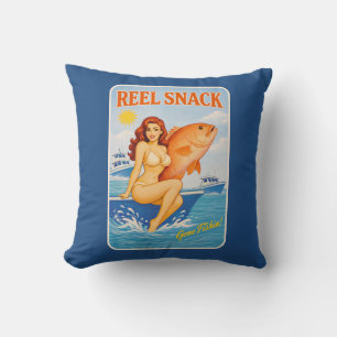 Reel Snack Retro Pin-Up Red Snapper Fishing Boater Throw Pillow