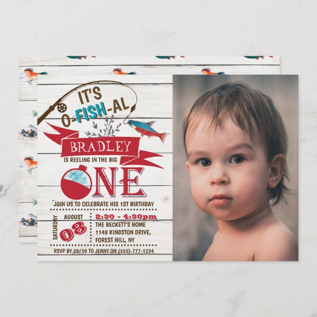 Reeling In The Big One Fishing 1st Birthday Photo Invitation (Front/Back)