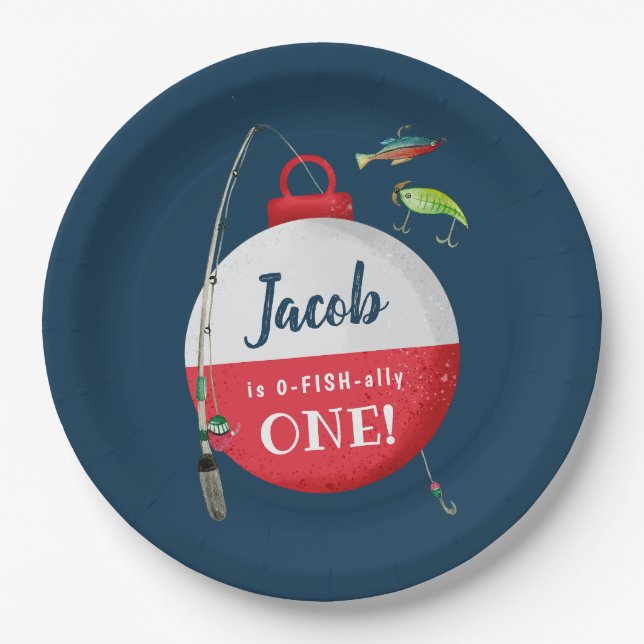 Reeling in the big ONE Fishing Birthday  Paper Plates (Front)