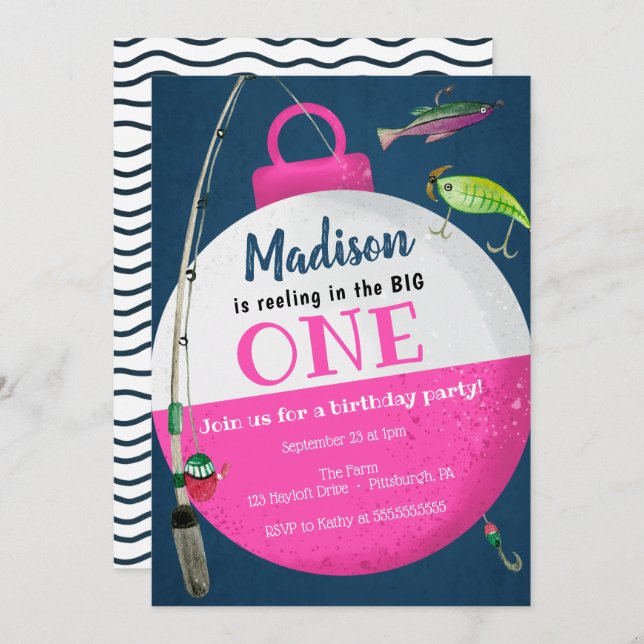 Reeling in the big ONE Fishing First Birthday Girl Invitation (Front/Back)