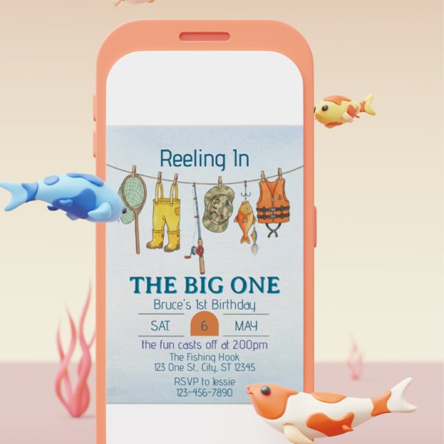Reeling The Big One, Fishing Line 1st Birthday Invitation (Creator Uploaded)