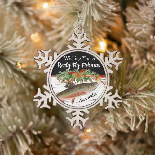 Reely Fly Fishmas  Fishing Christmas heart Orname Snowflake Pewter Christmas Ornament