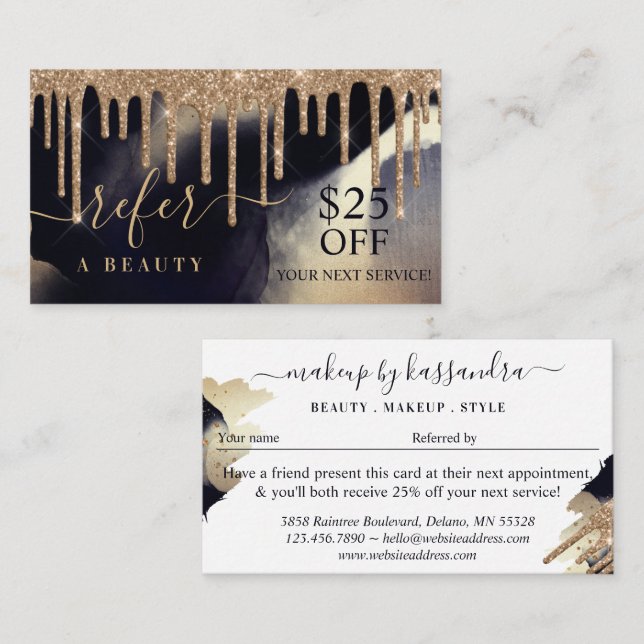 Refer A Beauty Navy Ink Gold Glitter Drip Refferal Business Card (Front/Back)