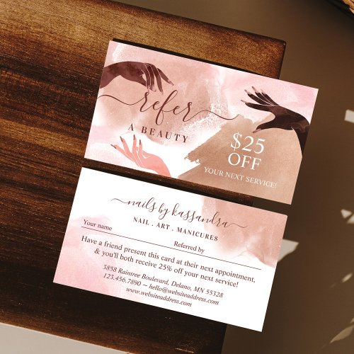 Refer A Beauty Pink Gold Beauty Hand Nail Referral Business Card