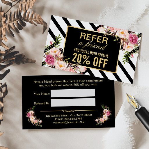 Customizable Refer a Friend | Beautiful Pink Floral Stripes Business Card