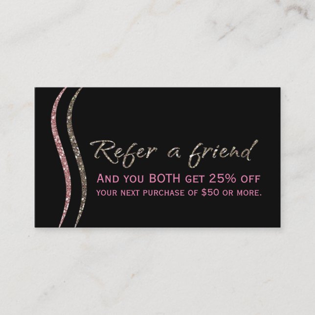 REFER A FRIEND Black Glitter Gold & Pink Card (Front)