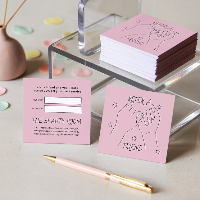 Refer a friend blush pink cute hands illustration referral card (Refer a friend blush pink cute hands illustration)