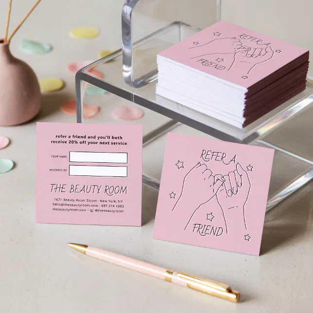 Refer a friend blush pink cute hands illustration referral card