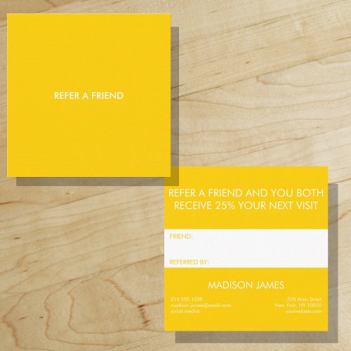 Refer a Friend  Bold Bright Golden Yellow Minimal Square Business Card