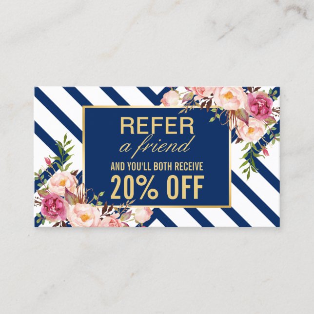 Refer a Friend | Classy Floral Navy Blue Stripes Referral Card (Front)