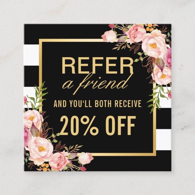 Refer a Friend Floral Gold Black White Referral Card (Front)