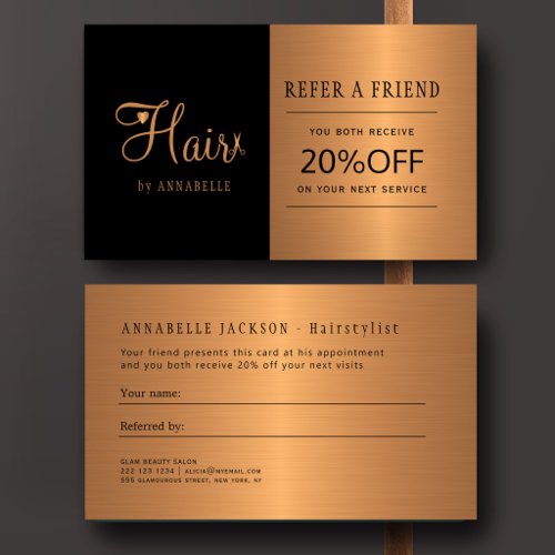 Refer a friend hair stylist gold black referral card