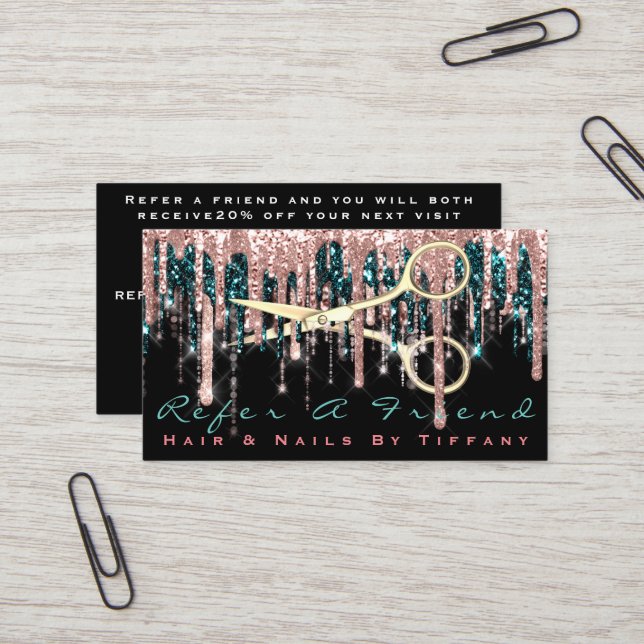 Refer A Friend Hairdresser Scissors Rose Black Business Card (Front/Back In Situ)