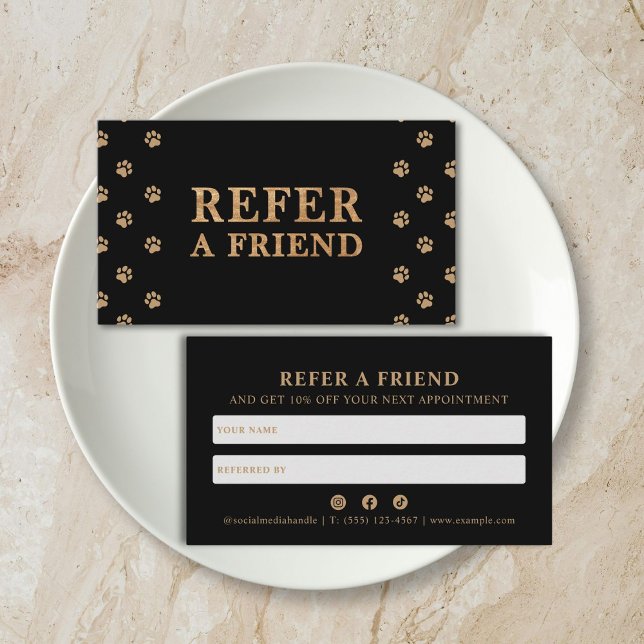 Refer A Friend Modern Luxury Pet Care Service  Referral Card (modern luxury deep black golden paw pet care referral card)