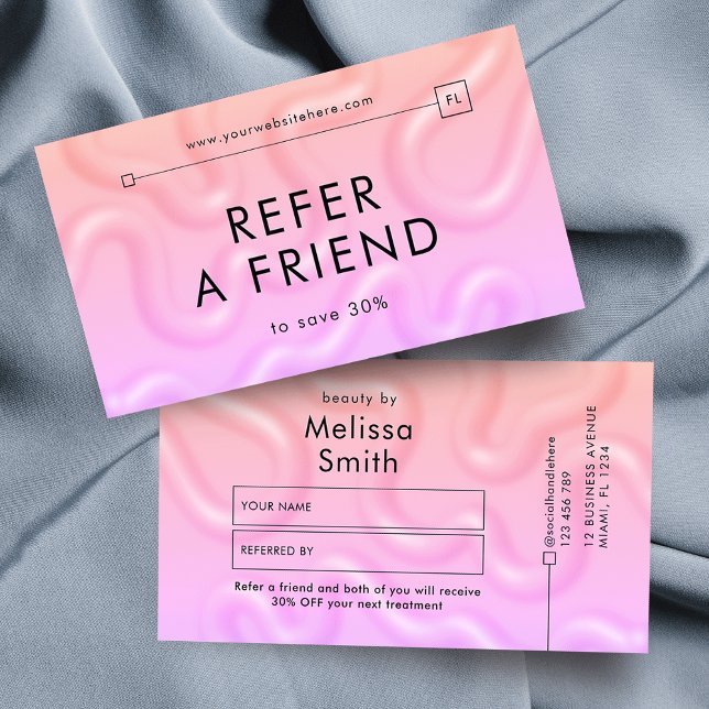 Refer a Friend Neon Pink Girly Hair Makeup Lashes Referral Card (Modern gradient pink feminine refer a friend cards featuring 3D abstract background & minimal layout)