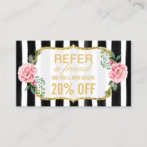 Refer a Friend | Pink Floral Gold Stripes Referral Business Card