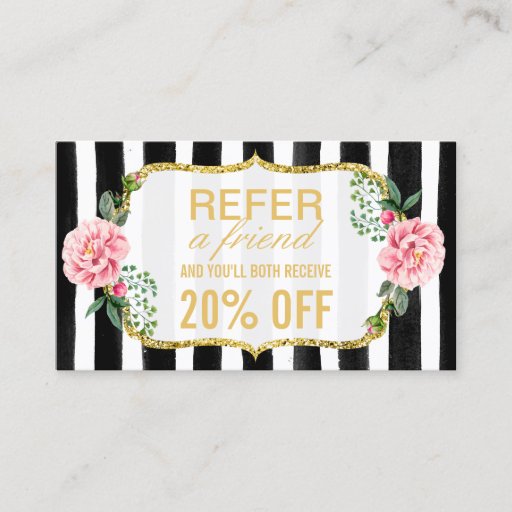 Customizable Refer a Friend | Pink Floral Gold Stripes Referral Business Card