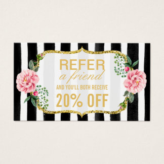 Refer a Friend | Pink Floral Gold Stripes Referral Business Card