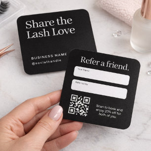 Refer a Friend QR Code White Text Black Lash  Square Business Card