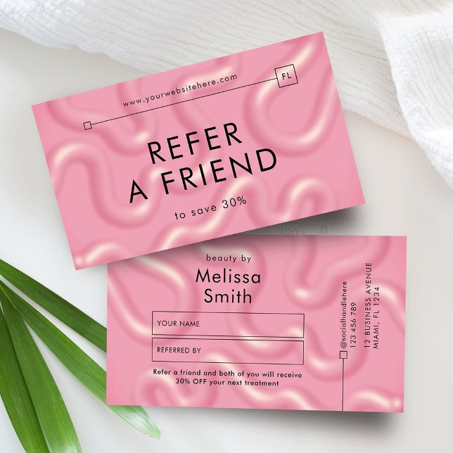 Refer a Friend Trendy Pink Abstract Spa Salon Referral Card (Girly 3D Effect blush pink refer a friend discount cards with modern type and minimal layout)