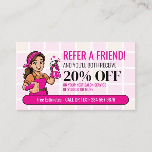 Refer Friend Pink Cartoon Maid House Cleaning Referral Card