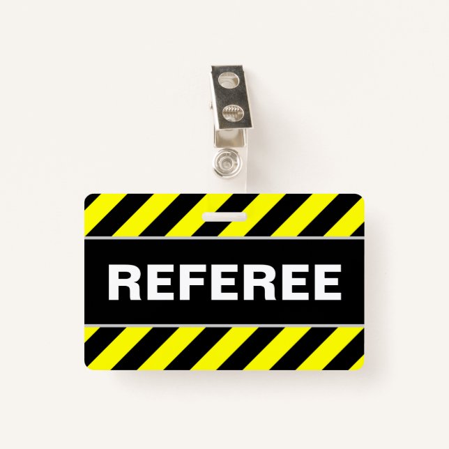 "REFEREE" + Black & Yellow Stripes Badge (Front with Clip)