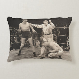 Referee counting over boxer in ringboxing, vintage accent pillow