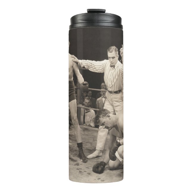 Referee counting over boxer in ringboxing, vintage thermal tumbler (Front)