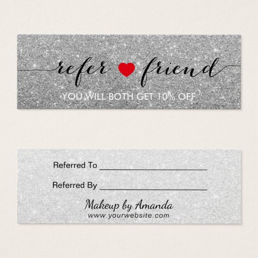 Referral Card | Elegant Silver Glitter Red Heart (Front & Back)