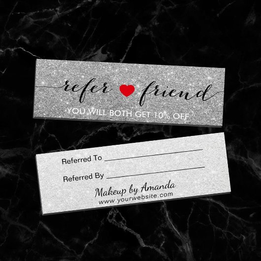 Referral Card | Elegant Silver Glitter Red Heart