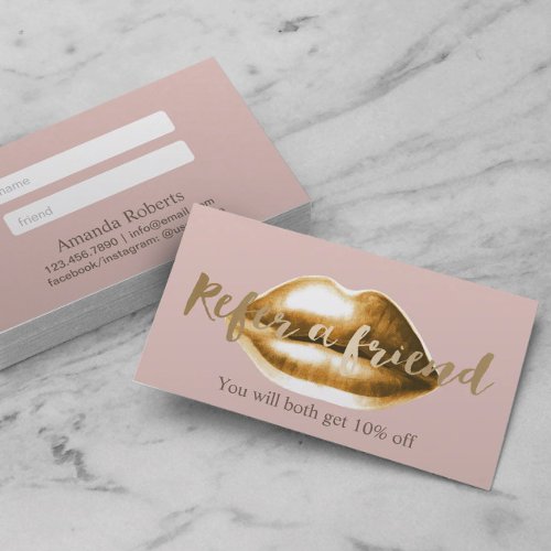 Referral Card  Gold Lips Blush Pink Girly Salon