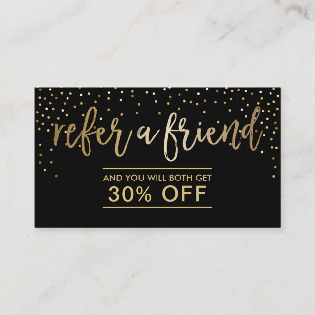 Referral Card | Modern Black & Gold Confetti (Front)