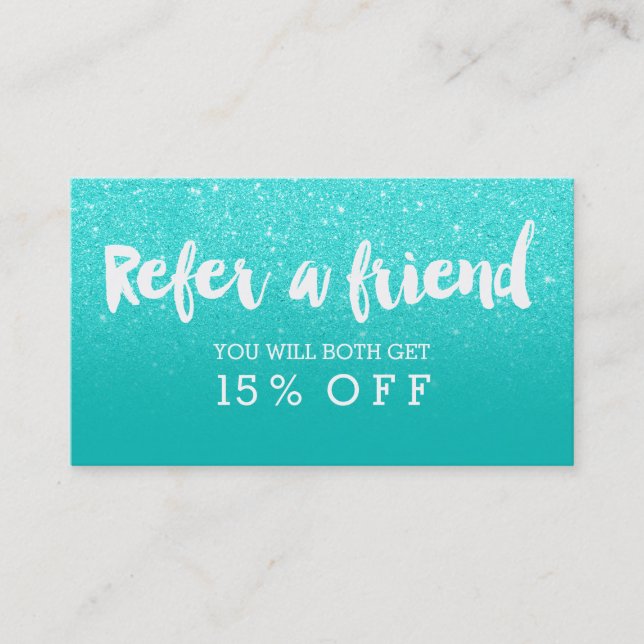 Referral card modern faux aqua glitter typography (Front)