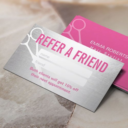 Referral Card  Modern Silver  Pink Scissor Hair