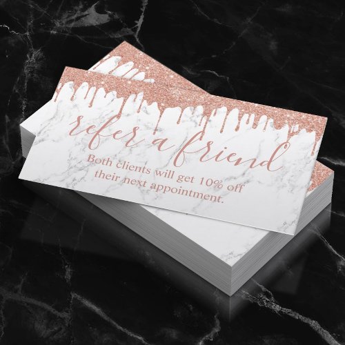 Referral Card  Rose Gold Dripping White Marble