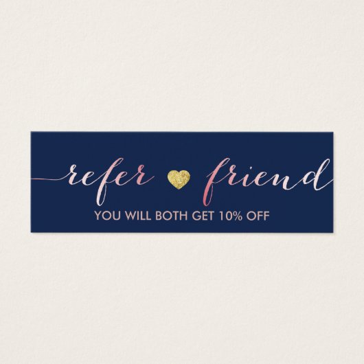 Referral Card | Rose Gold Script Navy Gold Heart (Front)