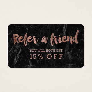 Referral card rose gold typography black marble
