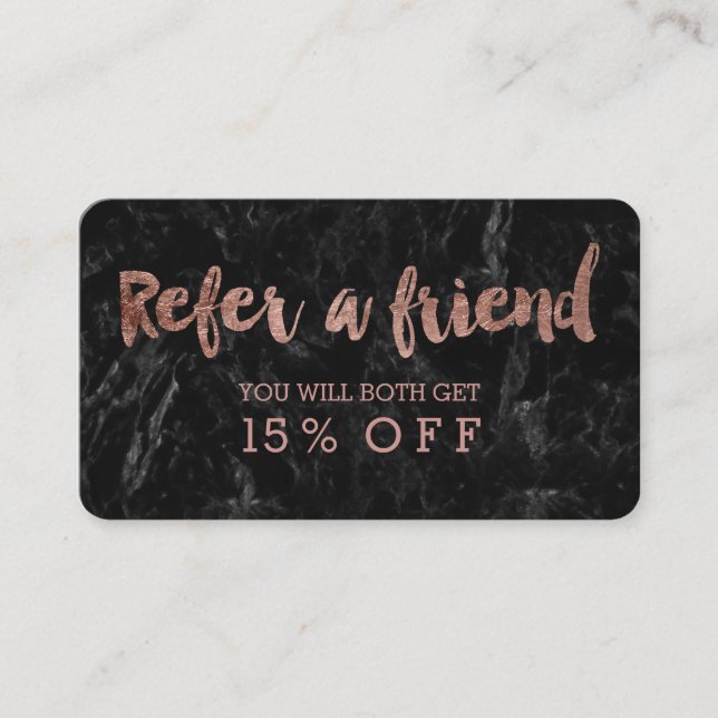 Referral card rose gold typography black marble (Front)
