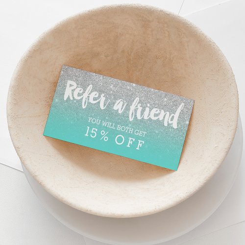 Referral card typography silver glitter turquoise