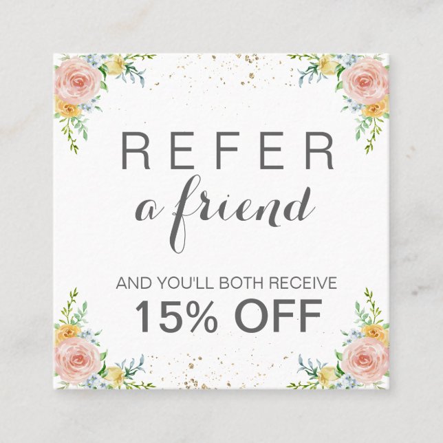 Referral card with watercolor flowers and gold (Front)