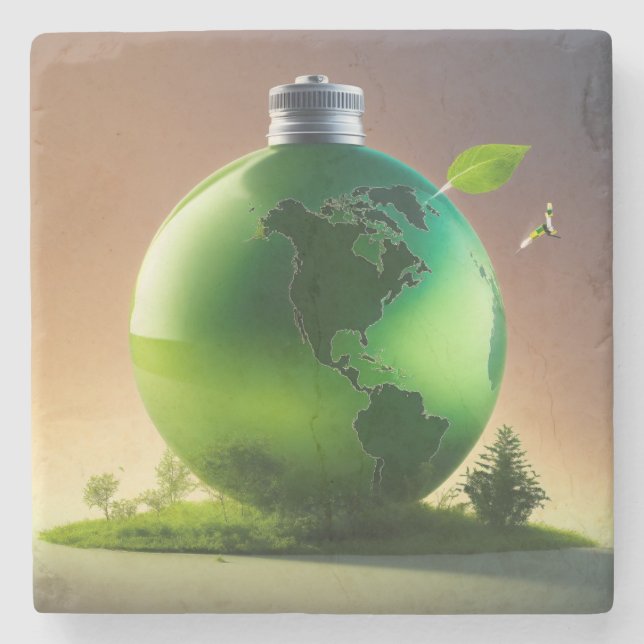 Refill the Earth – Sustainable Future & Green Plan Stone Coaster (Front)