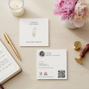 Refined Beige Gold Feather Chic Notary Photo QR Square Business Card