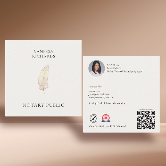 Refined Beige Gold Feather Chic Notary Photo QR  Square Business Card (Creator Uploaded)