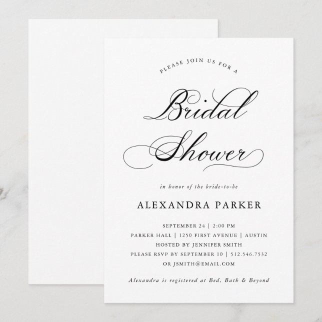 Refined Black and White Calligraphy Bridal Shower Invitation (Front/Back)