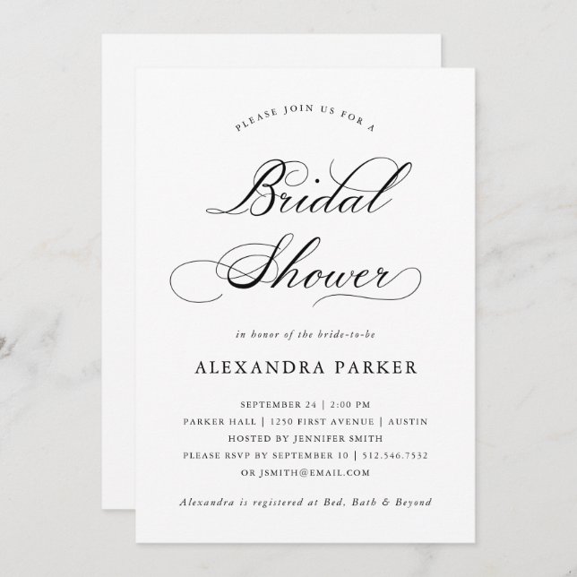 Refined Black and White Calligraphy Bridal Shower Invitation (Front/Back)